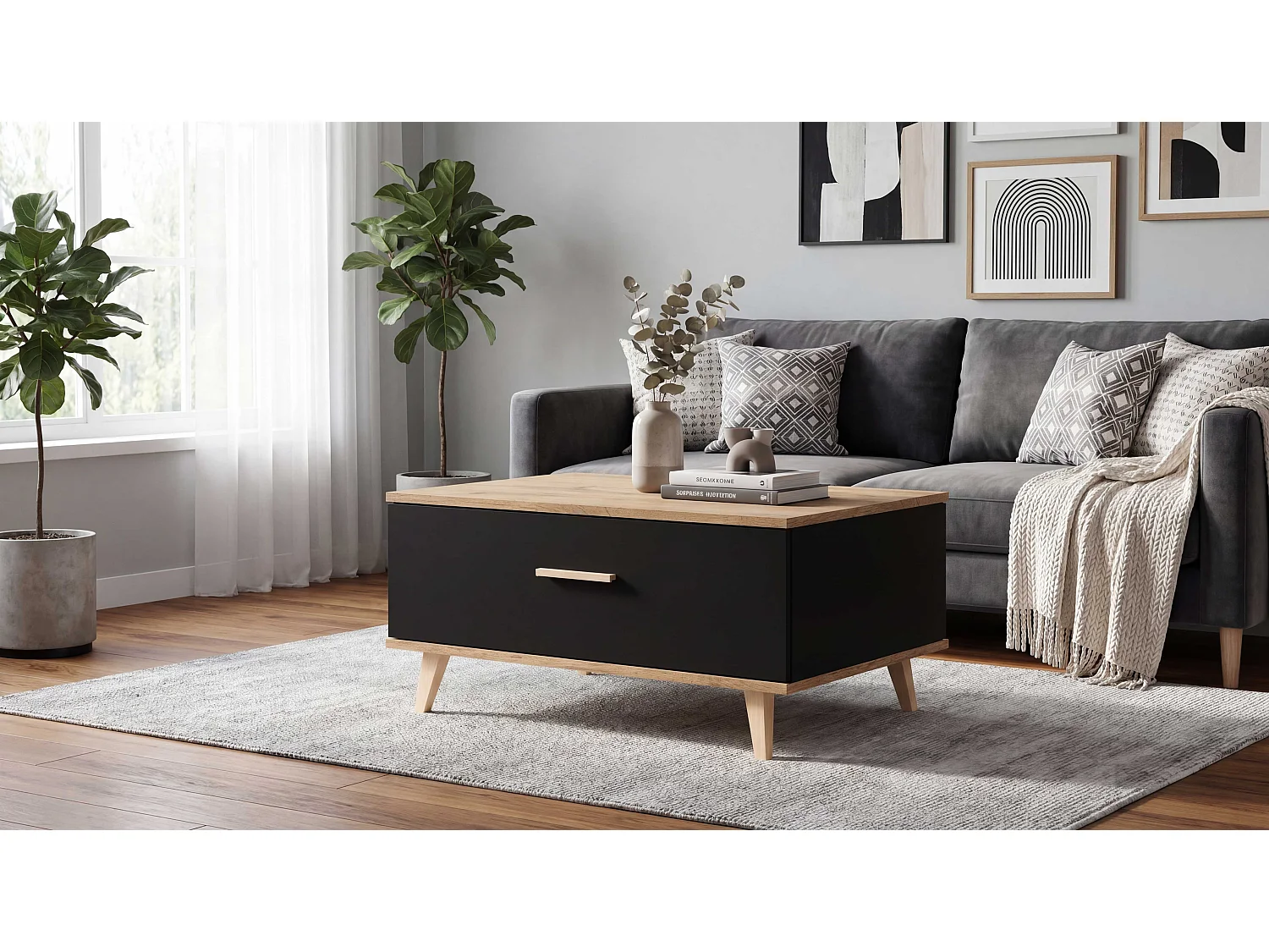 Stolik Kawowy Loft STIVMEBLE 80x58x40 CM Prostokątny Czarny Dąb Wotan Ława do Salonu Z Półką