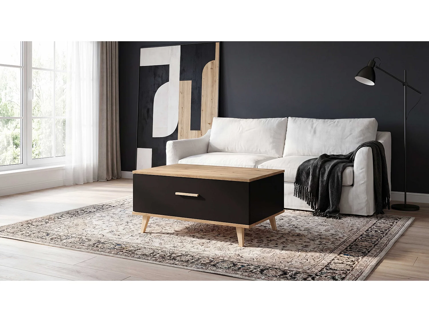 Stolik Kawowy Loft STIVMEBLE 80x58x40 CM Prostokątny Czarny Dąb Wotan Ława do Salonu Z Półką