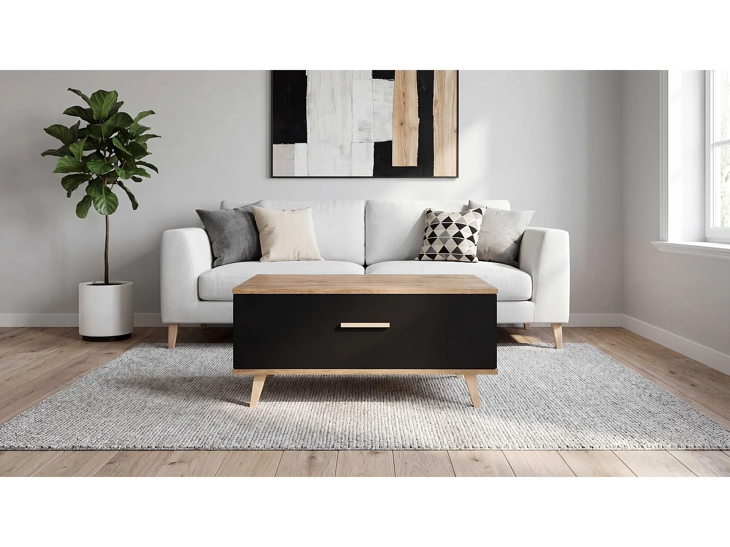 Stolik Kawowy Loft STIVMEBLE 80x58x40 CM Prostokątny Czarny Dąb Wotan Ława do Salonu Z Półką