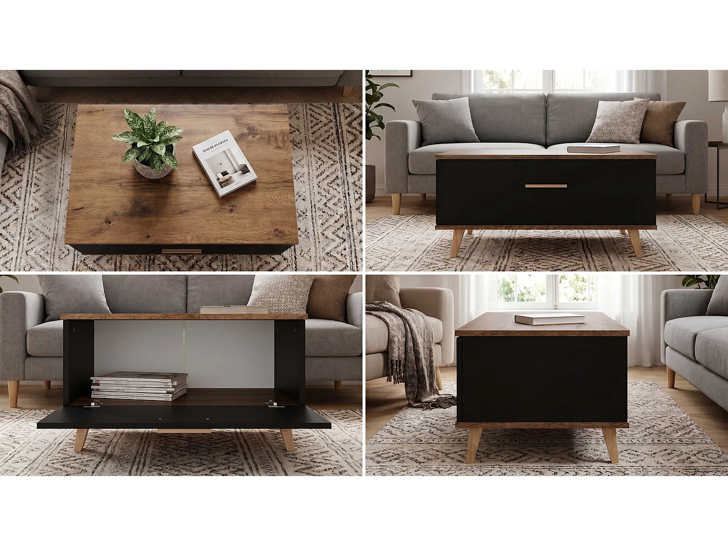 Stolik Kawowy Loft STIVMEBLE 80x58x40 CM Prostokątny Czarny Dąb Wotan Ława do Salonu Z Półką