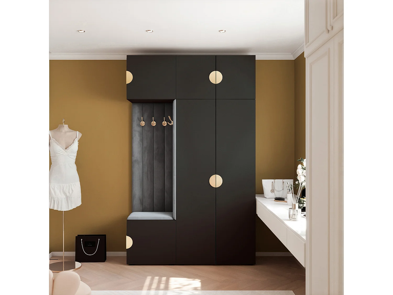 Garderobe Aria V7 Schwarz Gepolstert Samt Graphit Kleiderhaken und Regalen