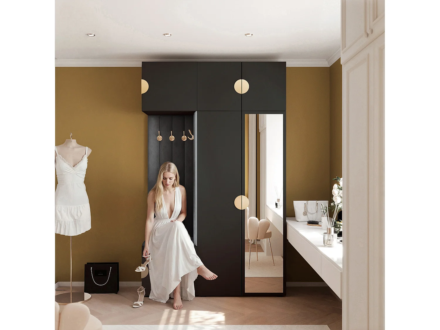 Garderobe Aria V7 Schwarz Gepolstert Samt Graphit Kleiderhaken und Regalen