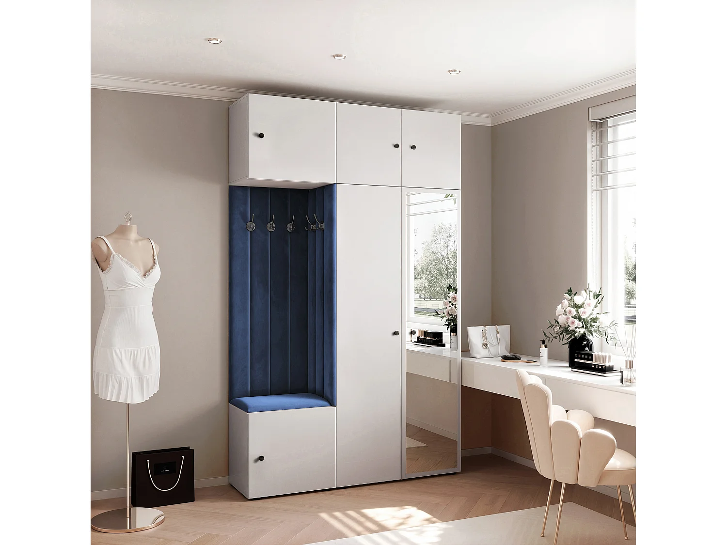Garderobe Aria V7 Weiß Gepolstert Samt Atlantikblau mit Spiegel Kleiderhaken und Regalen