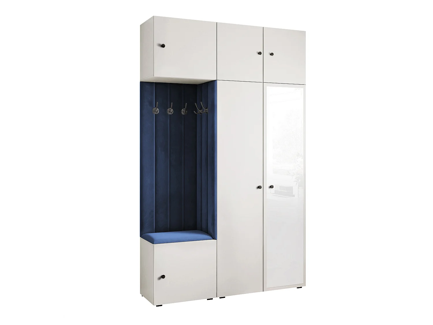Garderobe Aria V7 Weiß Gepolstert Samt Atlantikblau mit Spiegel Kleiderhaken und Regalen