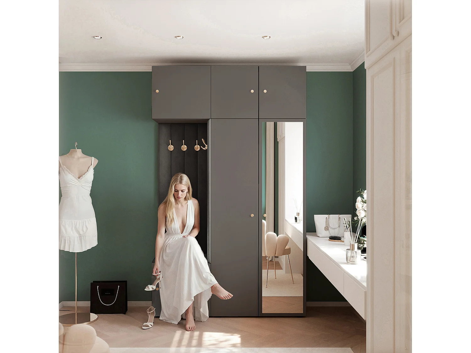 Garderobe Aria V7 Grau Gepolstert Samt Anthrazit mit Spiegel Kleiderhaken und Regalen