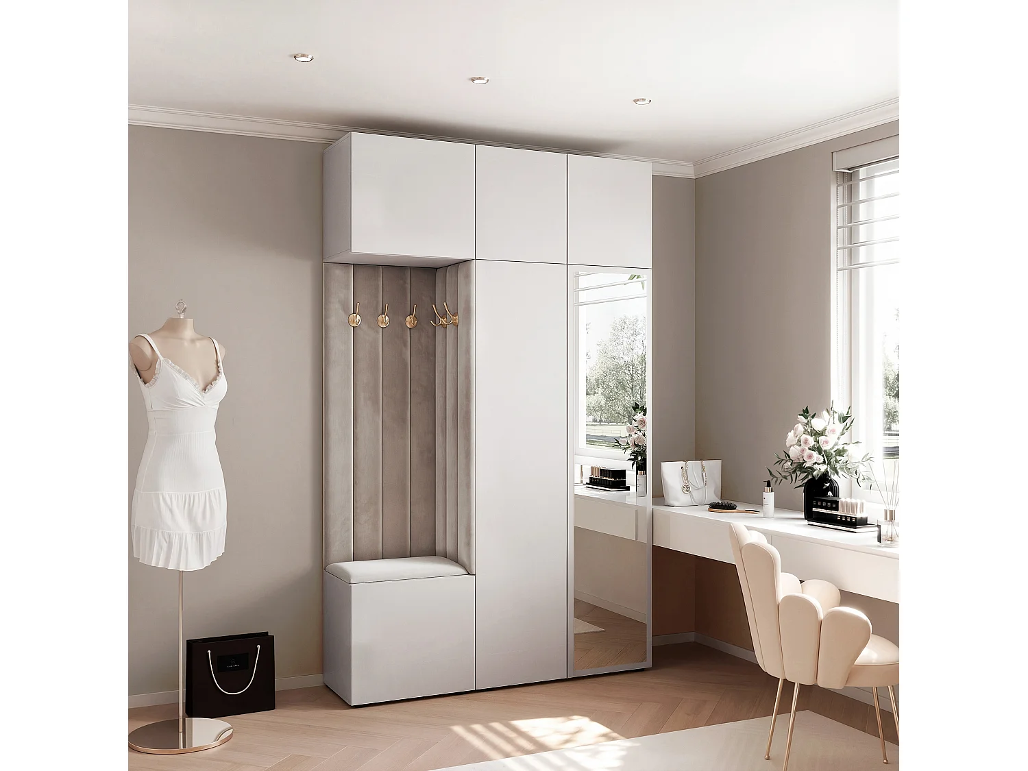 Garderobe Aria V7 Weiß Gepolstert Samt Hellgrau mit Spiegel Kleiderhaken und Regalen
