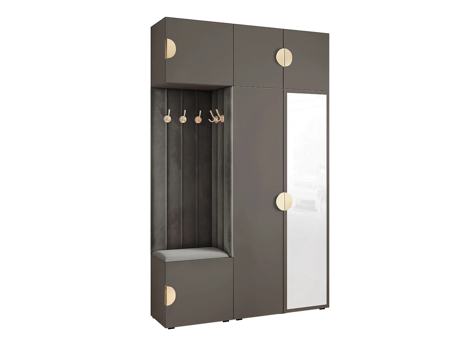 Garderobe Aria V7 Grau Gepolstert Samt Anthrazit mit Spiegel Kleiderhaken und Regalen