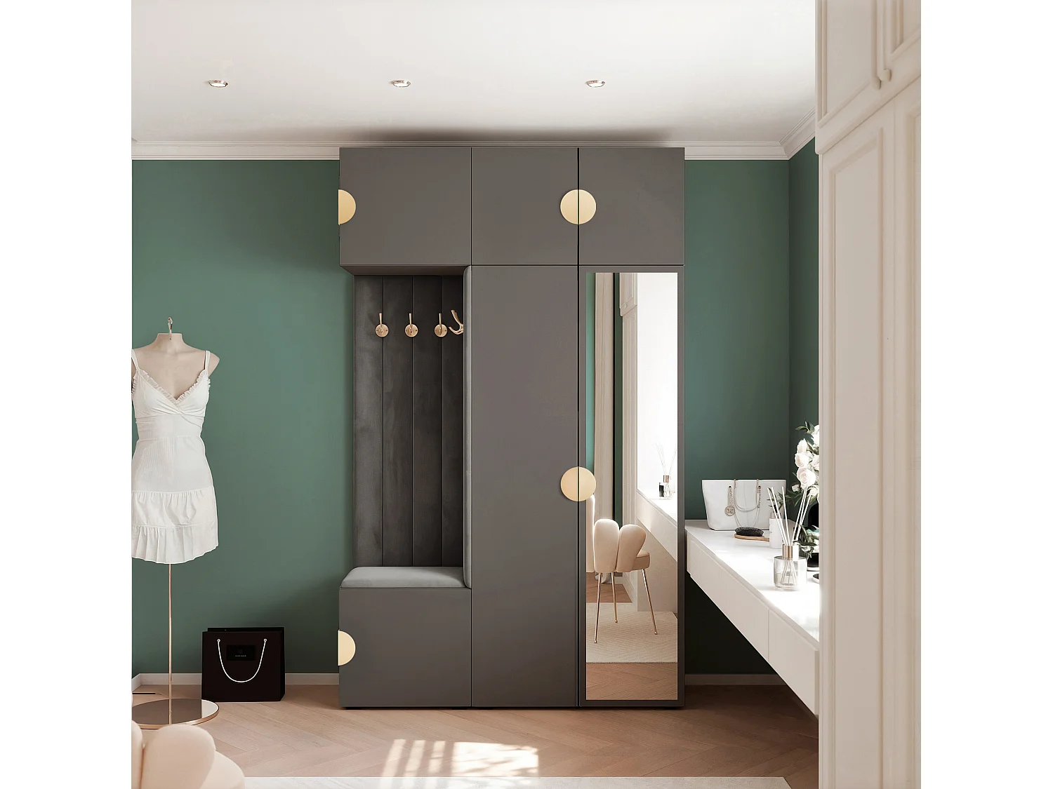 Garderobe Aria V7 Grau Gepolstert Samt Anthrazit mit Spiegel Kleiderhaken und Regalen