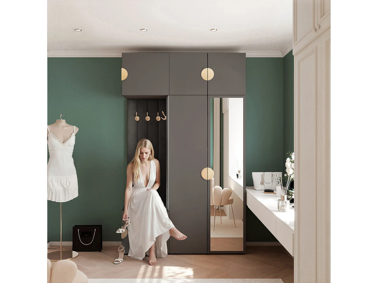 Garderobe Aria V7 Grau Gepolstert Samt Anthrazit mit Spiegel Kleiderhaken und Regalen
