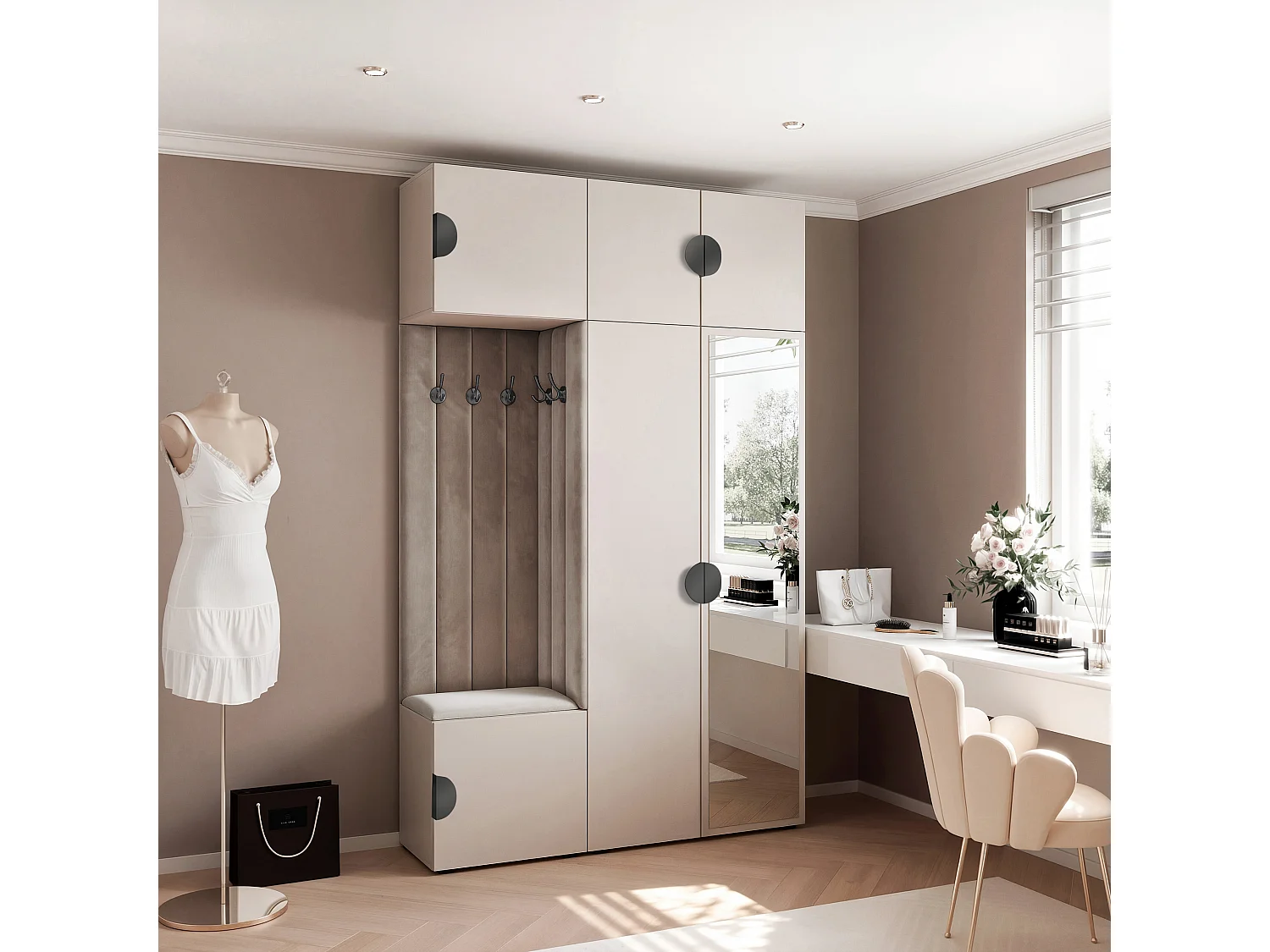 Garderobe Aria V7 Kaschmir Gepolstert Samt Mausgrau mit Spiegel Kleiderhaken und Regalen