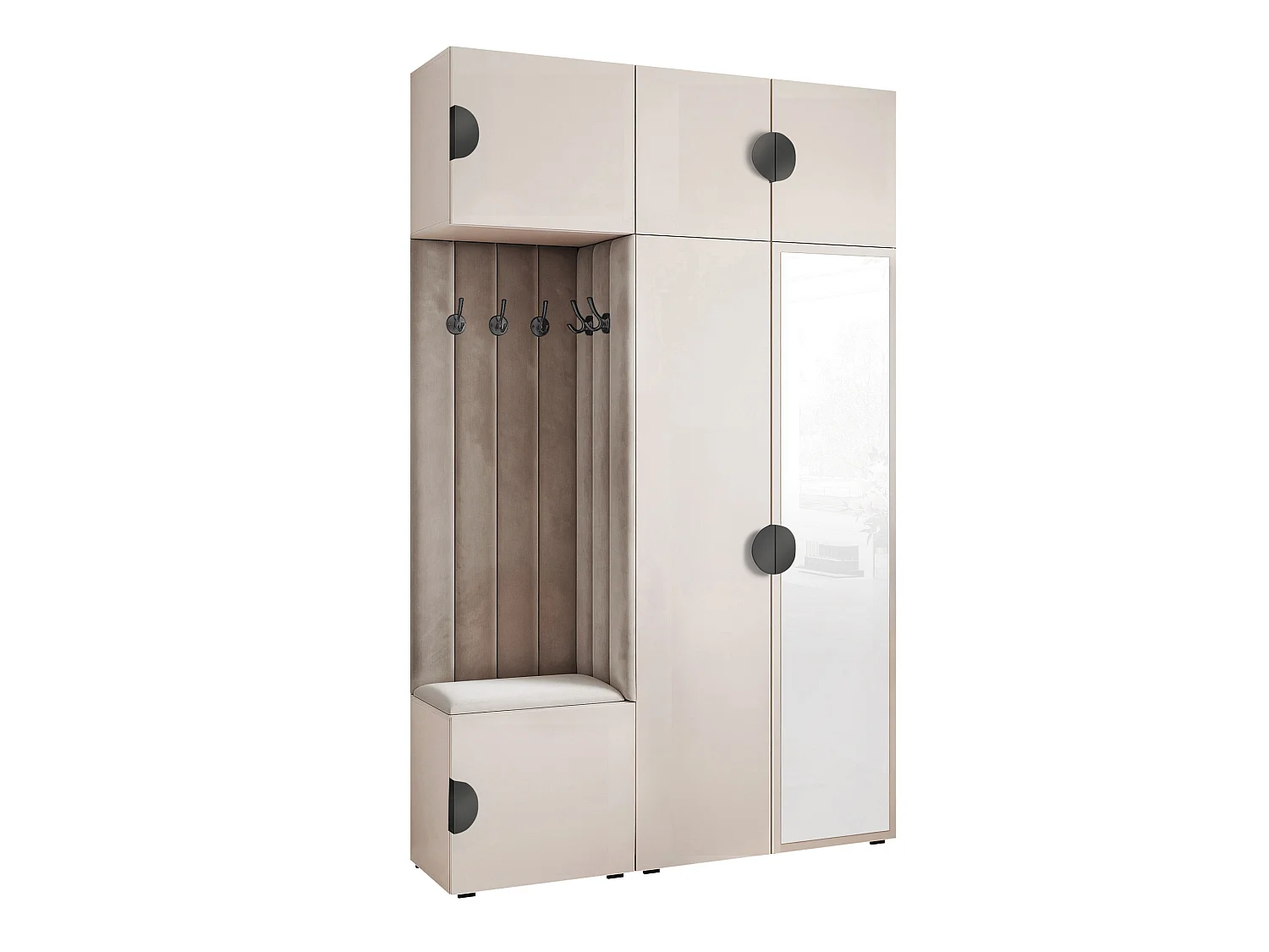 Garderobe Aria V7 Kaschmir Gepolstert Samt Mausgrau mit Spiegel Kleiderhaken und Regalen