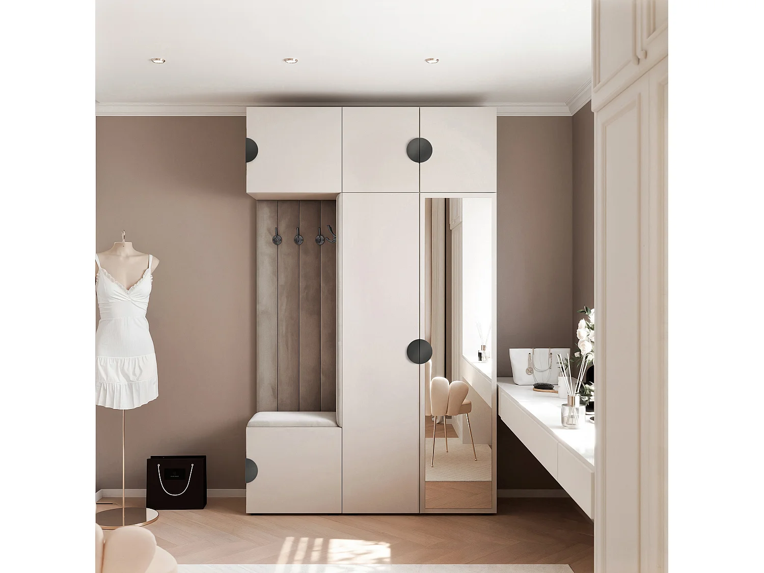 Garderobe Aria V7 Kaschmir Gepolstert Samt Mausgrau mit Spiegel Kleiderhaken und Regalen