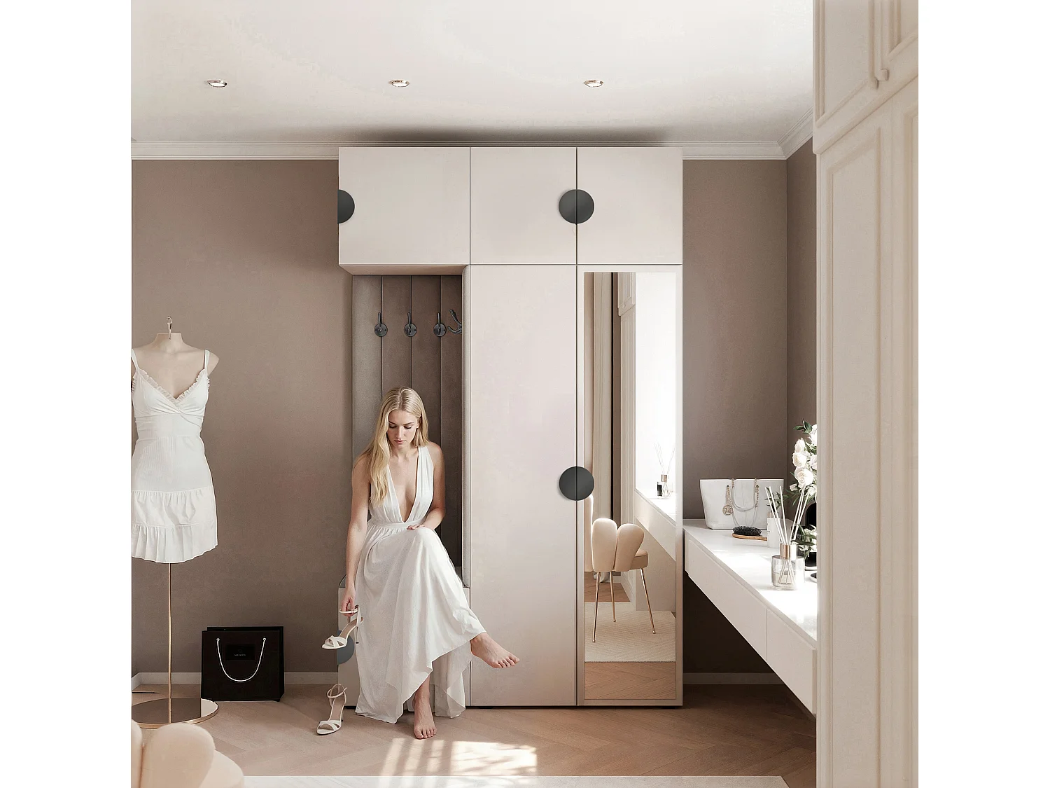 Garderobe Aria V7 Kaschmir Gepolstert Samt Mausgrau mit Spiegel Kleiderhaken und Regalen