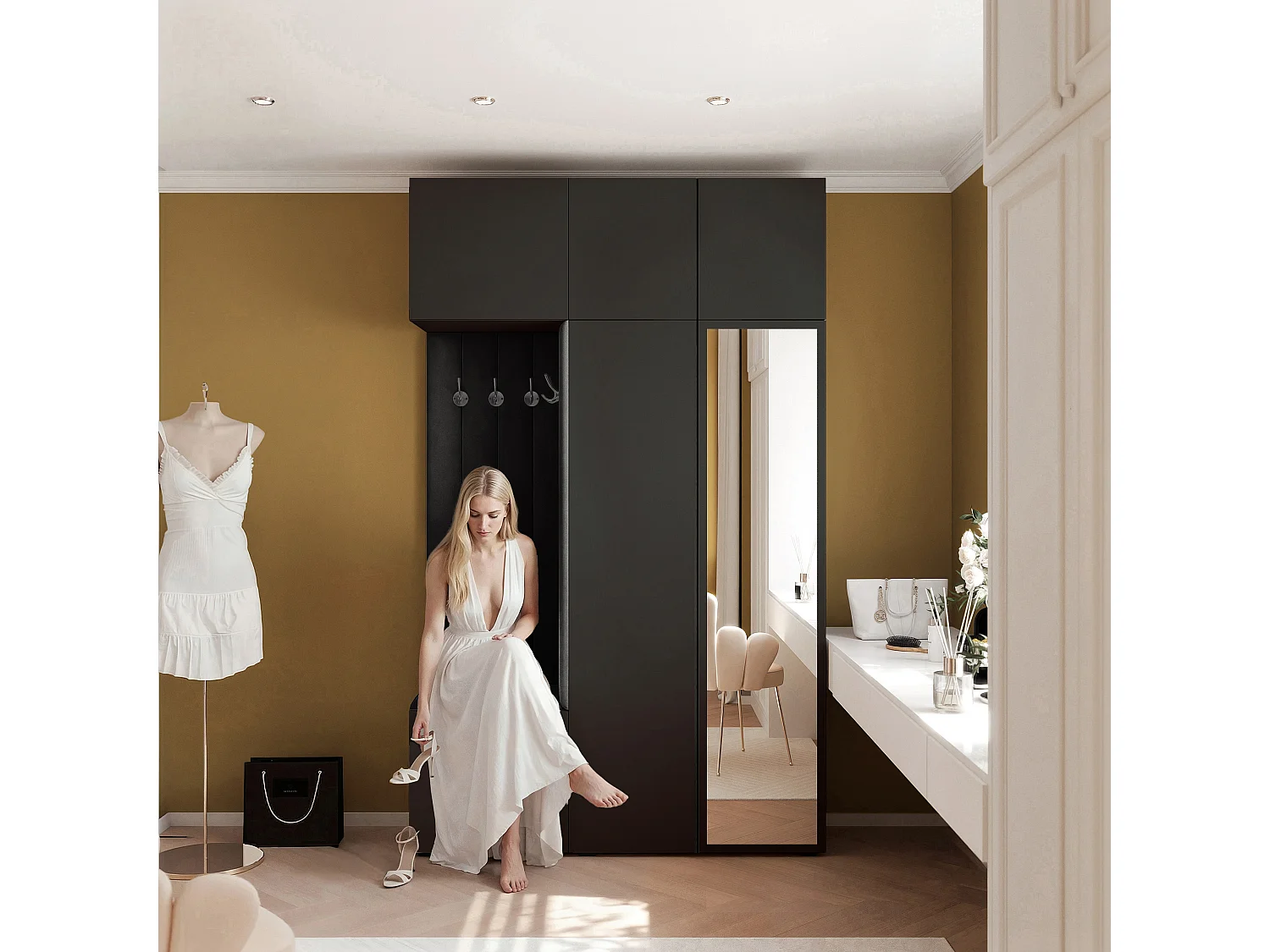 Garderobe Aria V7 Schwarz Gepolstert Samt Schwarz mit Spiegel Kleiderhaken und Regalen