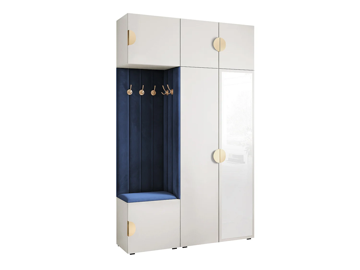 Vestiaire Aria V7 Blanc Velours Rembourré Bleu Atlantique avec Miroir Patères et Étagères