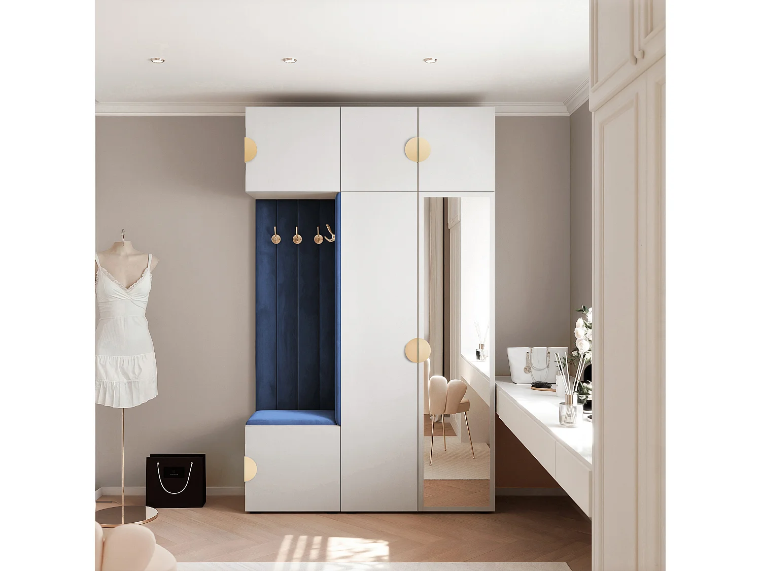 Vestiaire Aria V7 Blanc Velours Rembourré Bleu Atlantique avec Miroir Patères et Étagères
