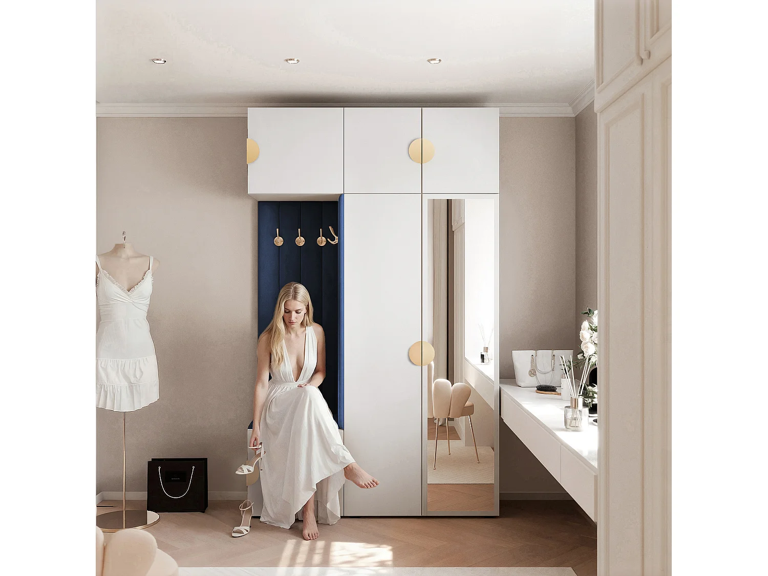 Vestiaire Aria V7 Blanc Velours Rembourré Bleu Atlantique avec Miroir Patères et Étagères