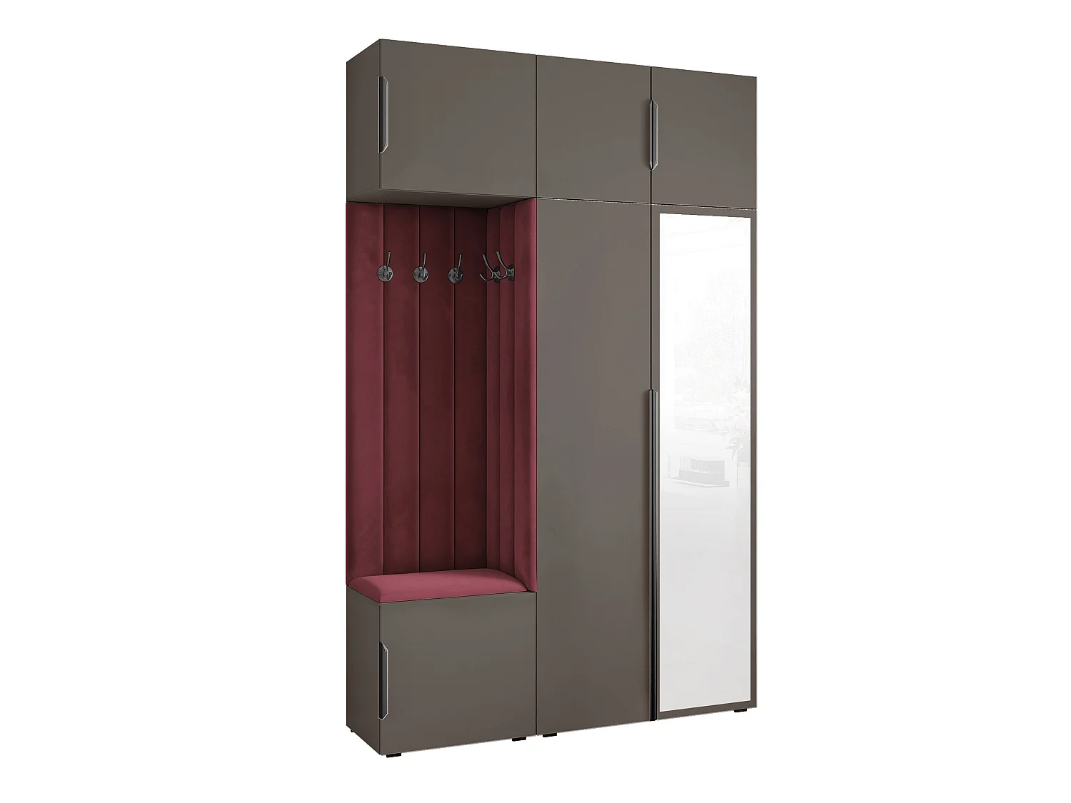 Garderobe Aria V7 Grau Gepolstert  Samt Merlot mit Spiegel Kleiderhaken und Regalen