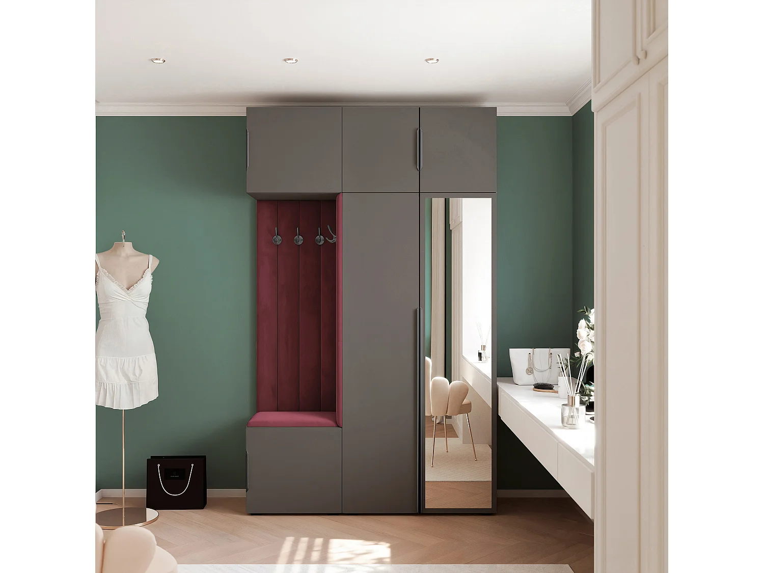 Garderobe Aria V7 Grau Gepolstert  Samt Merlot mit Spiegel Kleiderhaken und Regalen