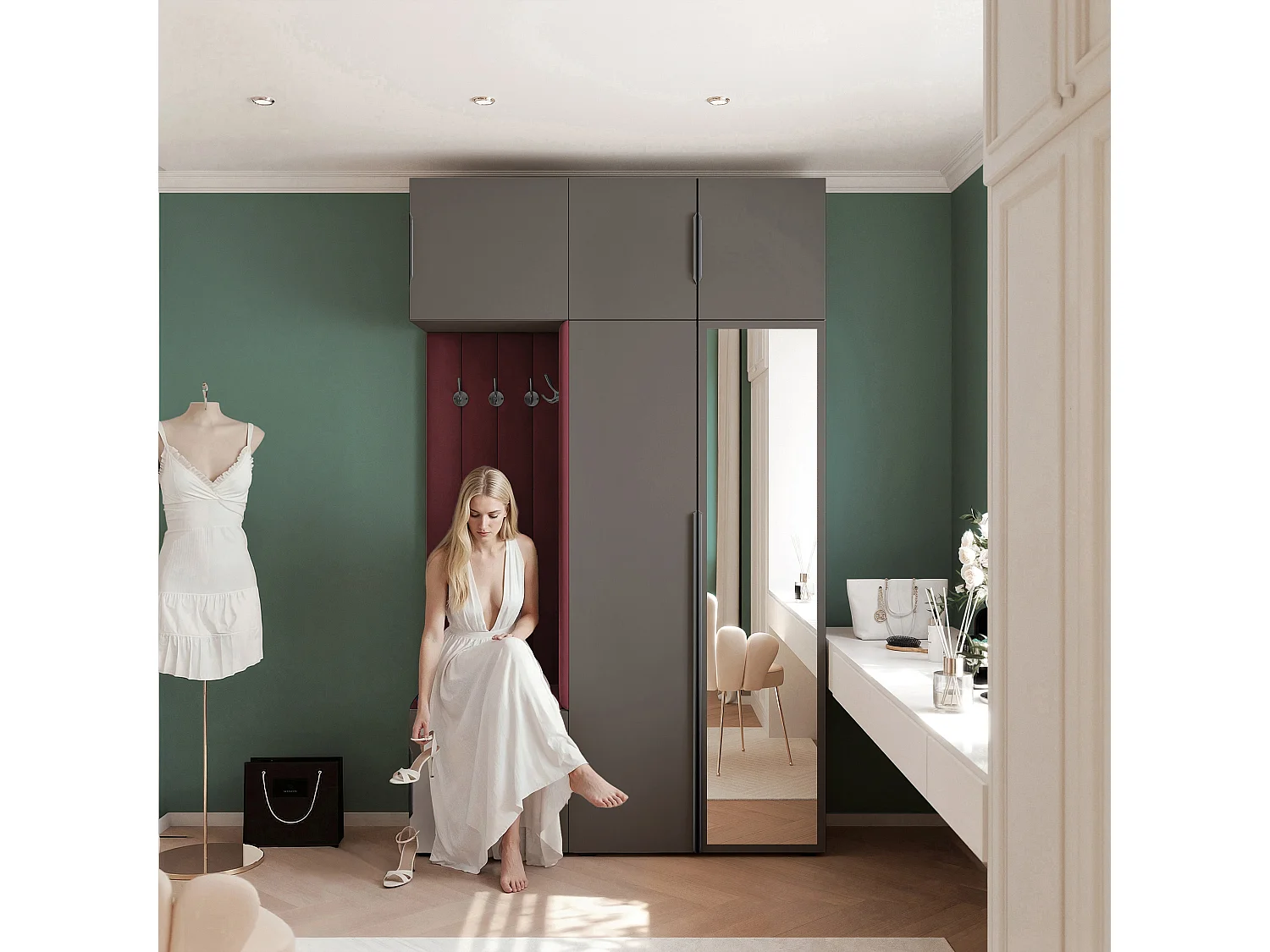 Garderobe Aria V7 Grau Gepolstert  Samt Merlot mit Spiegel Kleiderhaken und Regalen