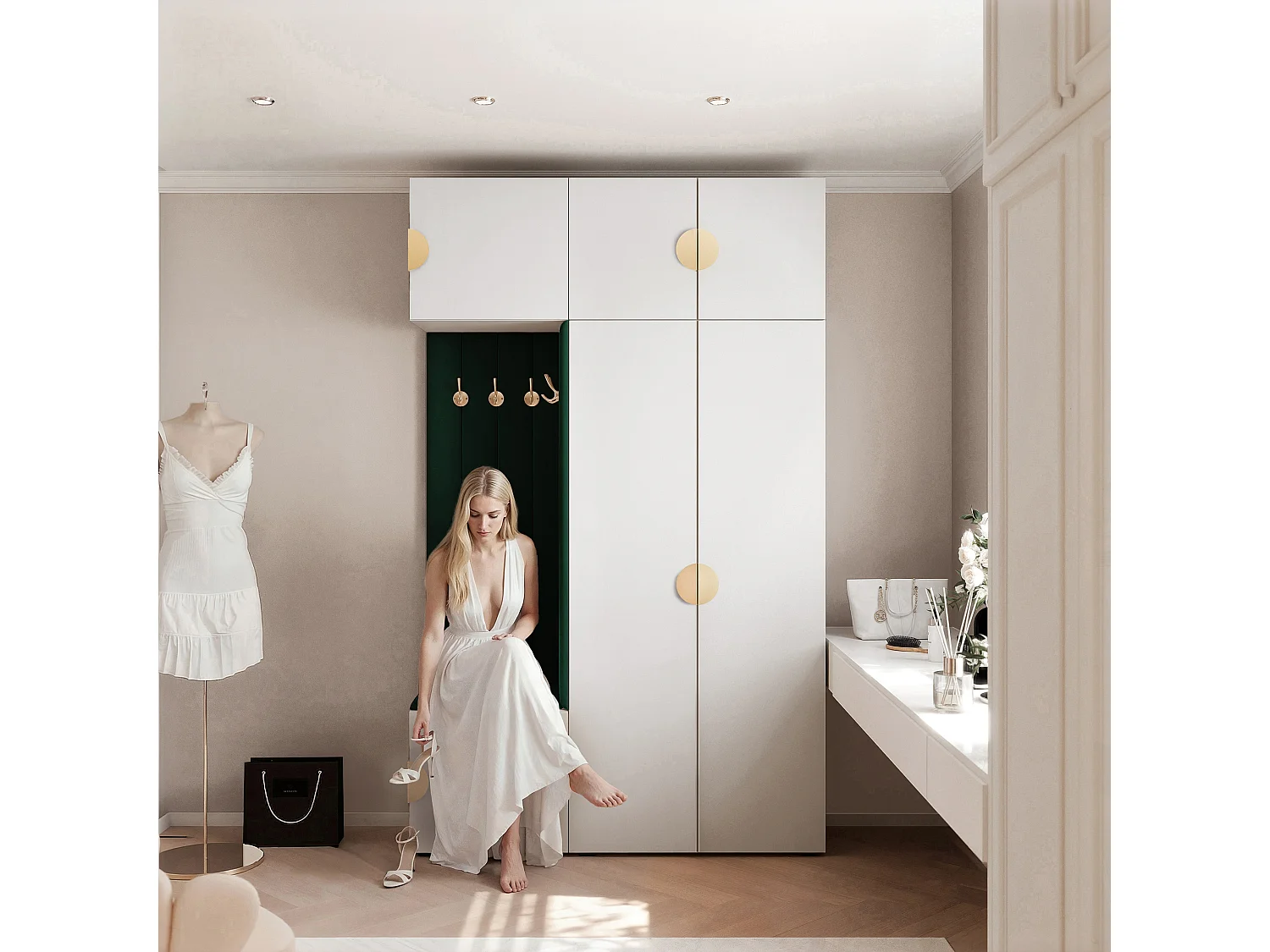 Garderobe Aria V7 Weiß Gepolstert Samt Dunkelgrün Kleiderhaken und Regalen