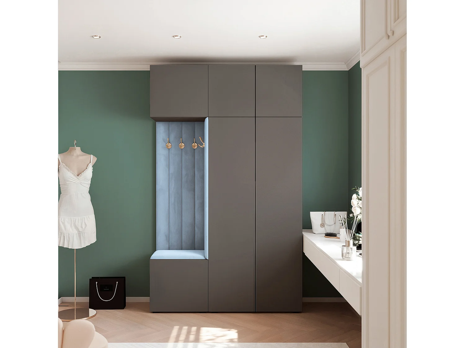 Vestiaire Aria V7 Gris Velours Rembourré Bleu Clair Patères et Étagères