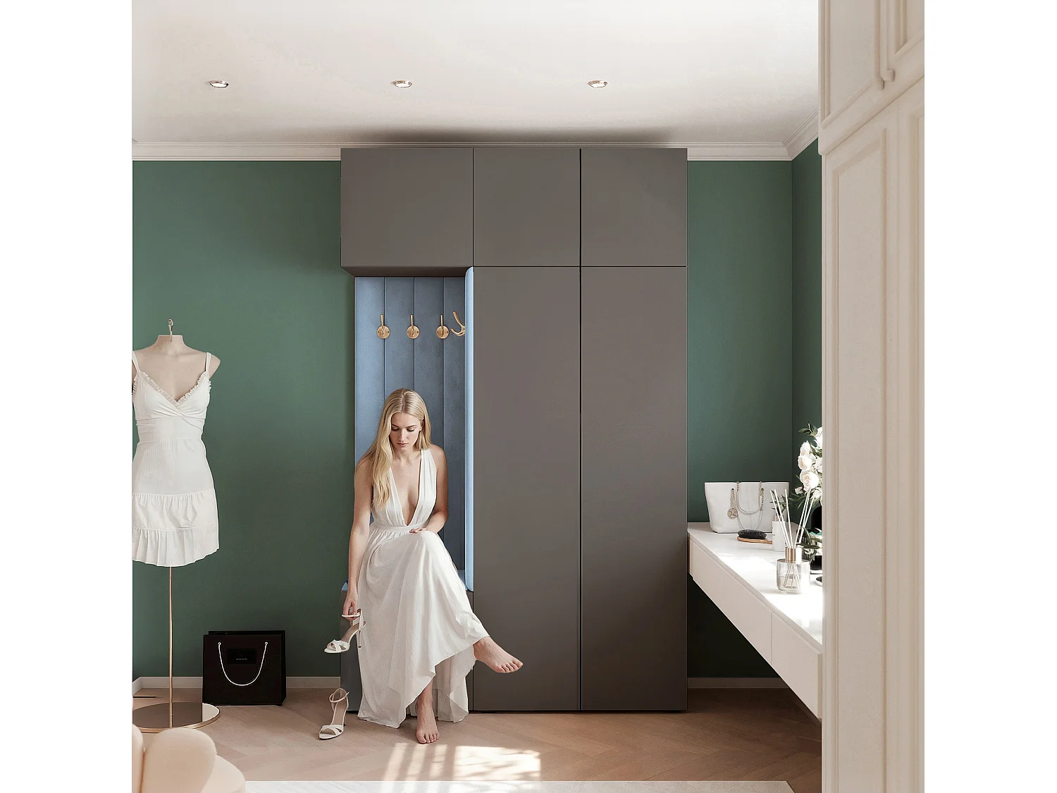 Vestiaire Aria V7 Gris Velours Rembourré Bleu Clair Patères et Étagères