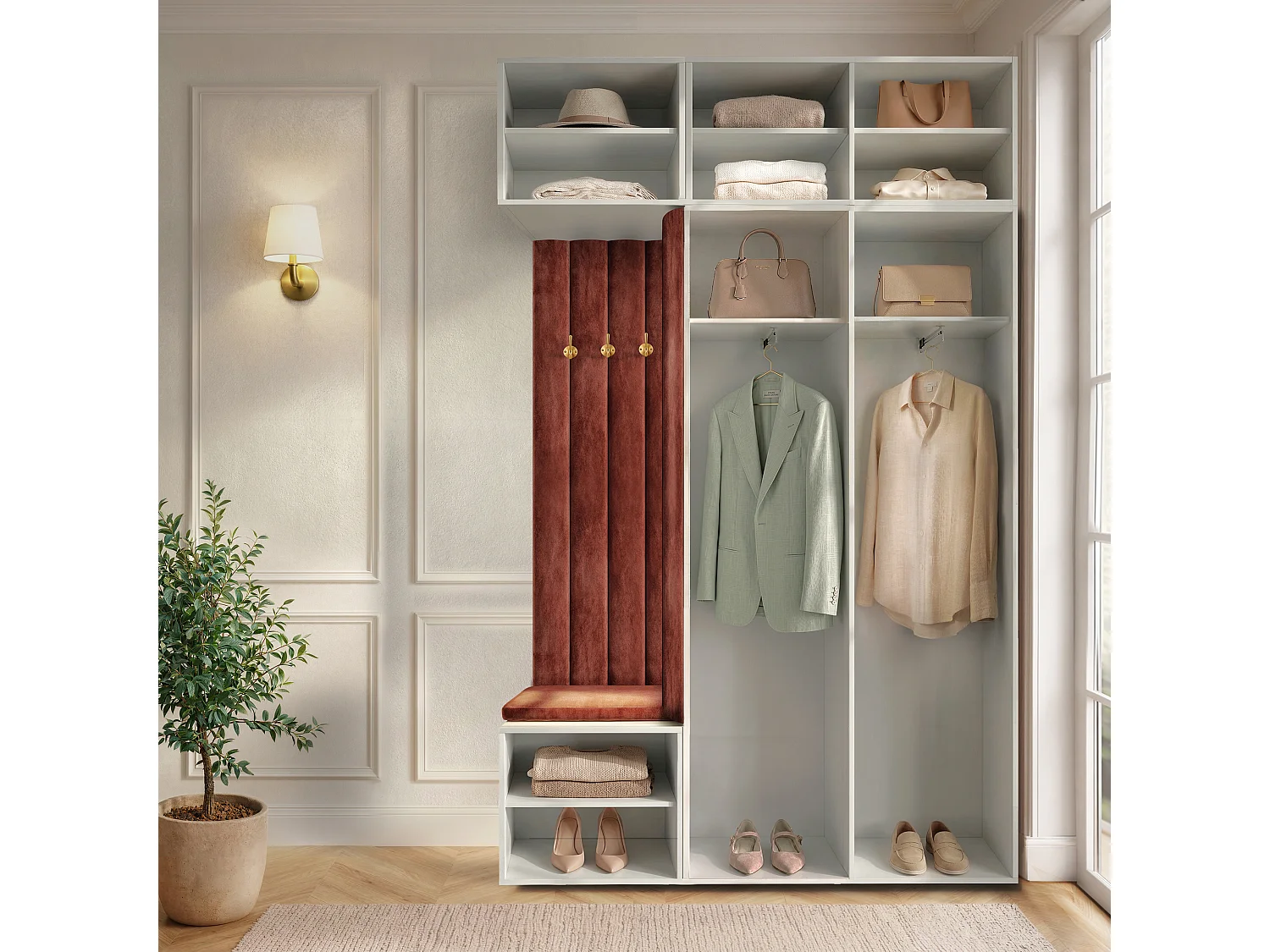 Vestiaire Aria V7 Gris Velours Rembourré Bleu Clair Patères et Étagères