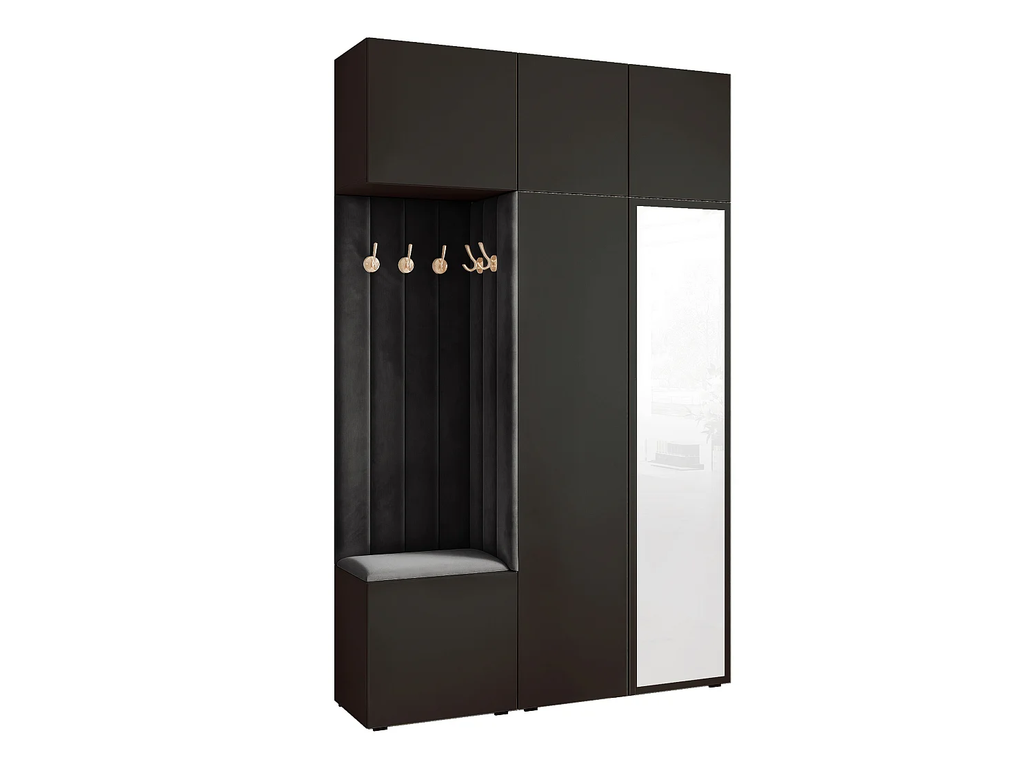 Garderobe Aria V7 Schwarz Gepolstert Samt Schwarz mit Spiegel Kleiderhaken und Regalen
