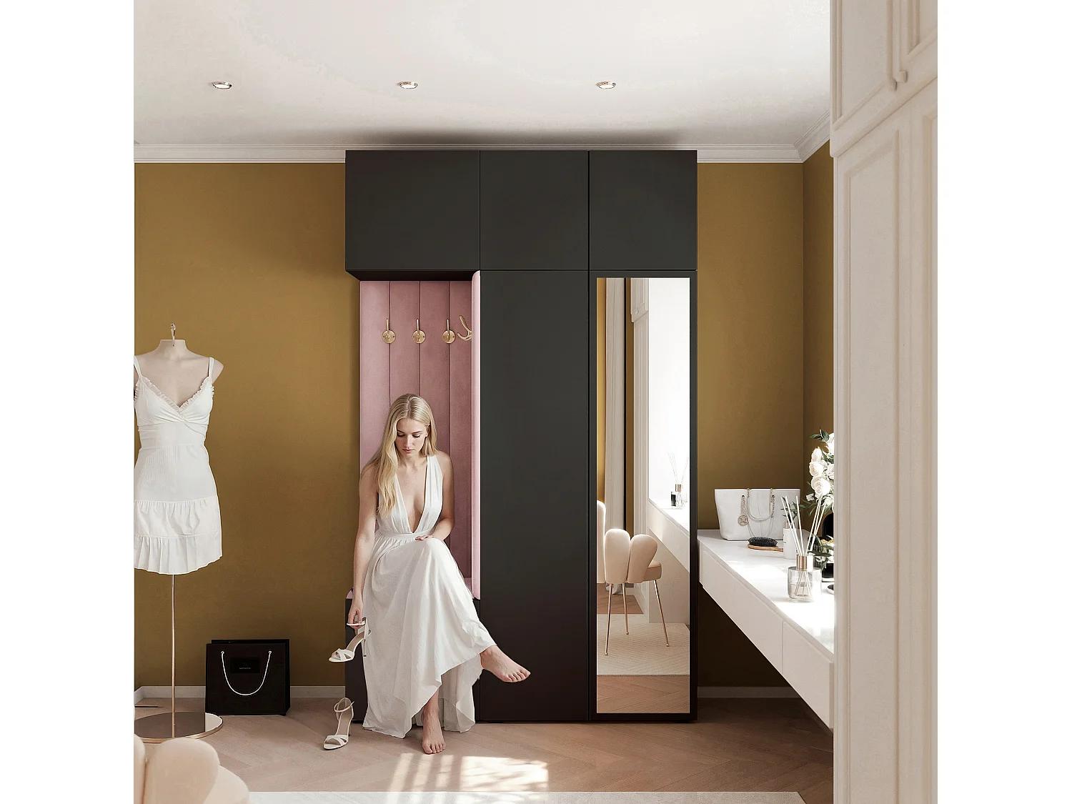 Garderobe Aria V7 Schwarz Gepolstert Samt Rosa mit Spiegel Kleiderhaken und Regalen