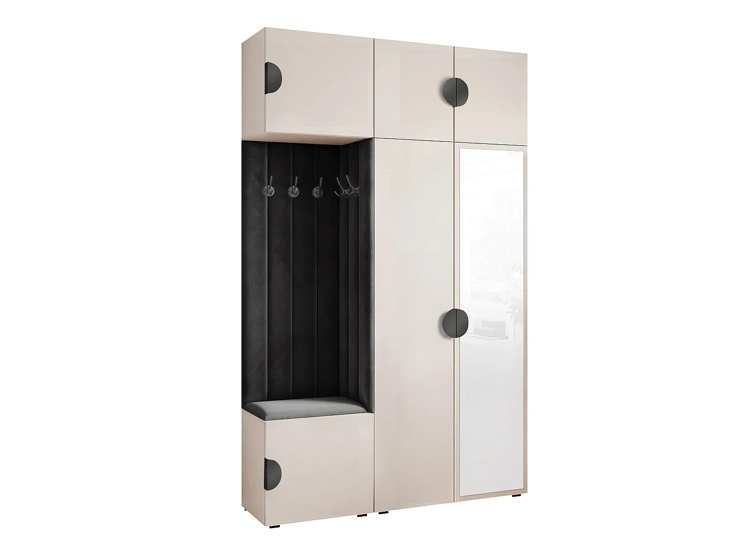 Garderobe Aria V7 Kaschmir Gepolstert Samt Schwarz mit Spiegel Kleiderhaken und Regalen