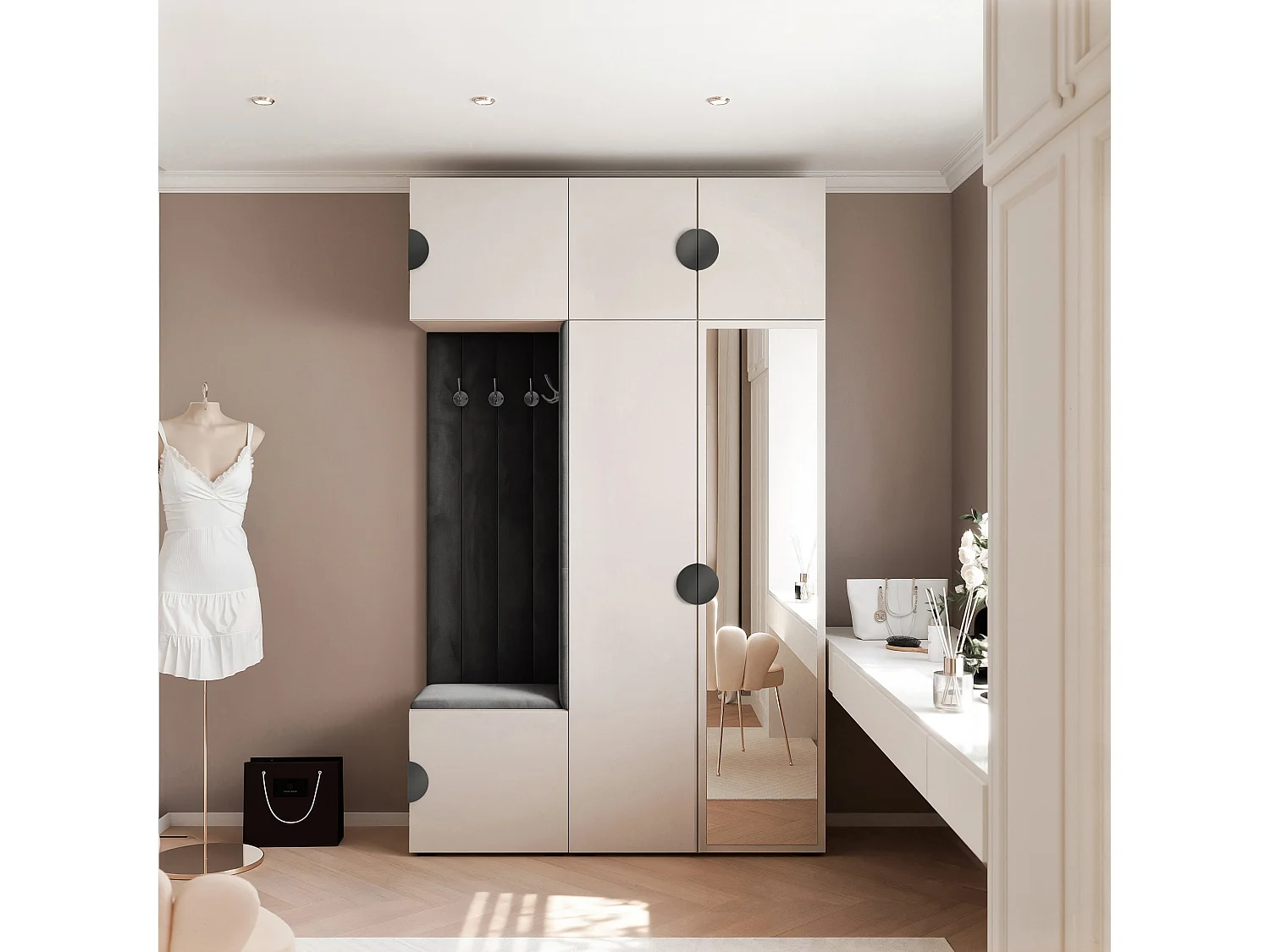 Garderobe Aria V7 Kaschmir Gepolstert Samt Schwarz mit Spiegel Kleiderhaken und Regalen