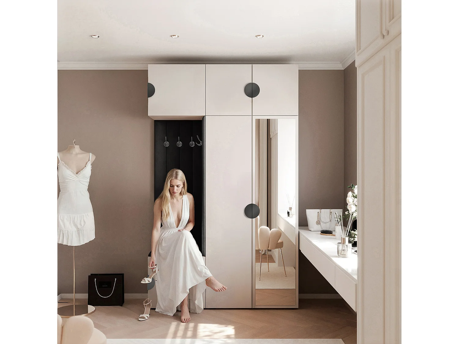 Garderobe Aria V7 Kaschmir Gepolstert Samt Schwarz mit Spiegel Kleiderhaken und Regalen