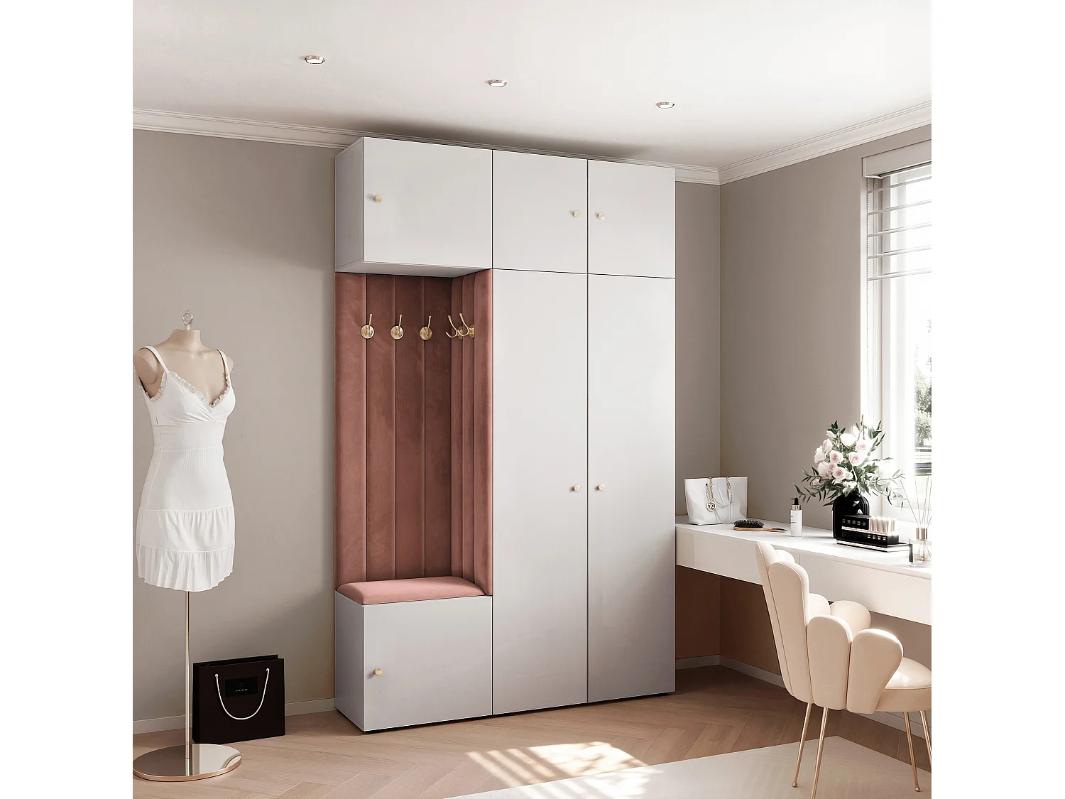Garderobe Aria V7 Weiß Gepolstert Samt Rostrot Kleiderhaken und Regalen