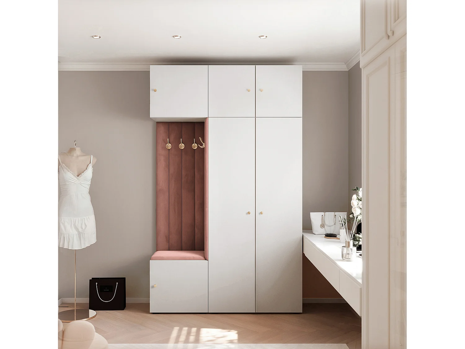 Garderobe Aria V7 Weiß Gepolstert Samt Rostrot Kleiderhaken und Regalen