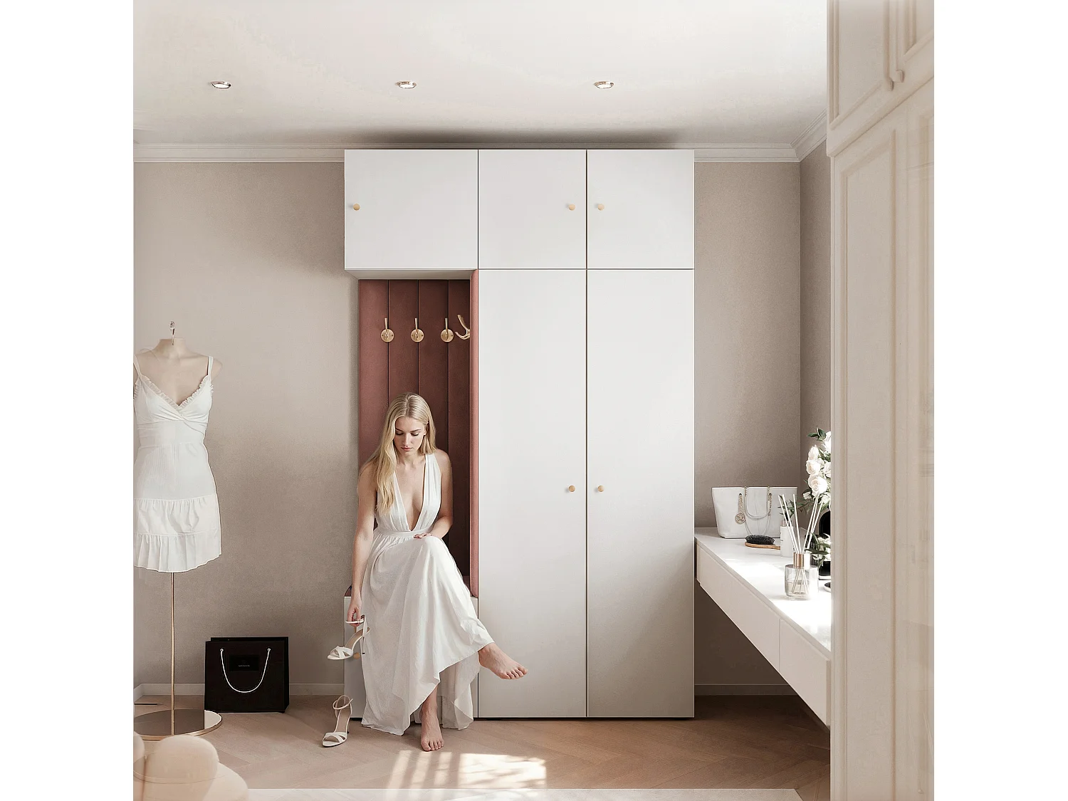 Garderobe Aria V7 Weiß Gepolstert Samt Rostrot Kleiderhaken und Regalen