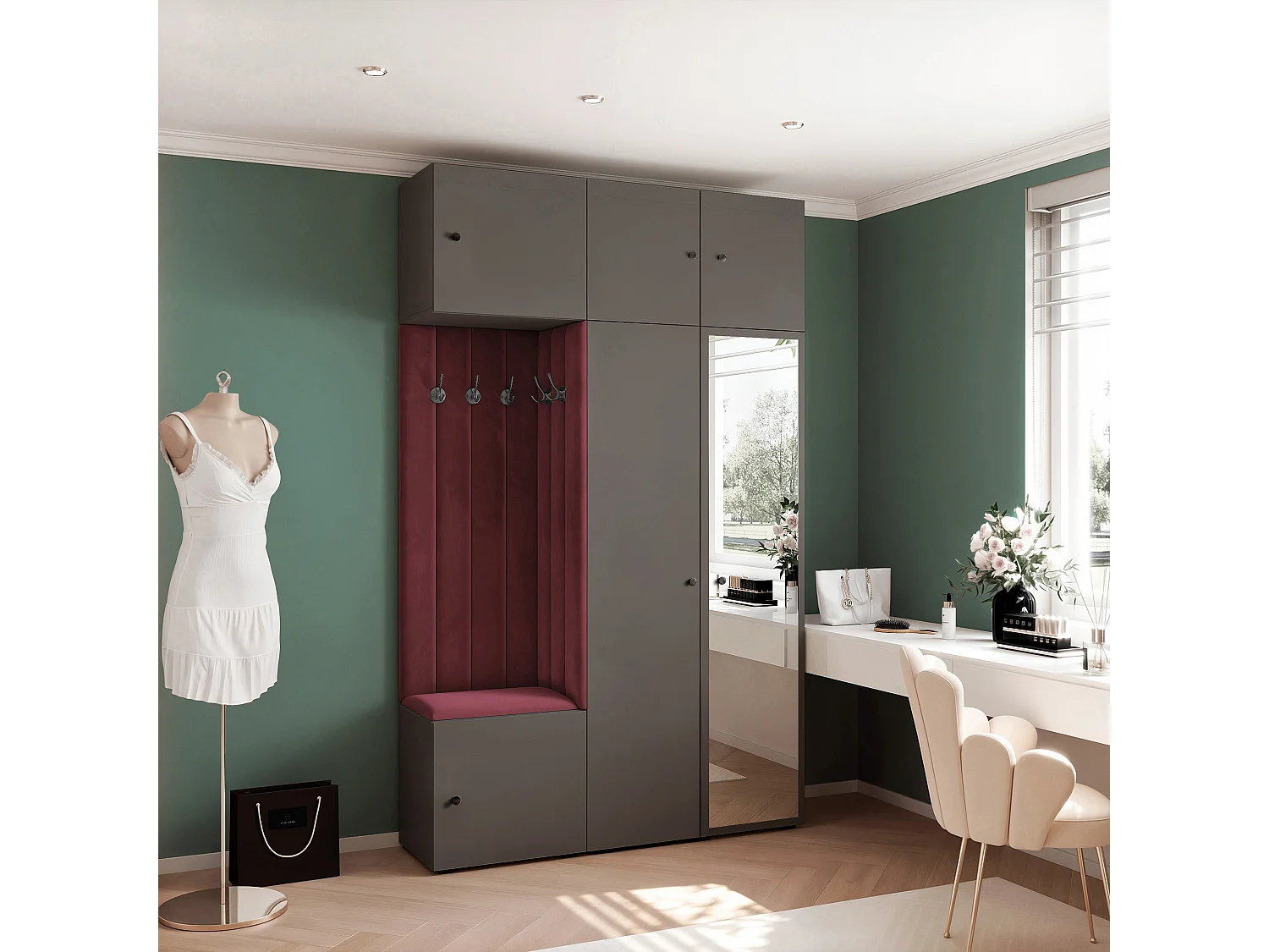 Garderobe Aria V7 Grau Gepolstert Samt Merlot mit Spiegel Kleiderhaken und Regalen