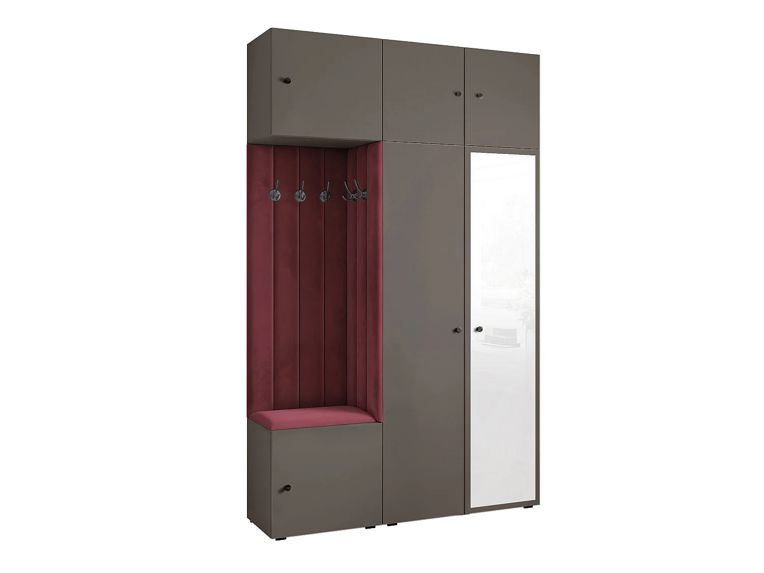 Garderobe Aria V7 Grau Gepolstert Samt Merlot mit Spiegel Kleiderhaken und Regalen