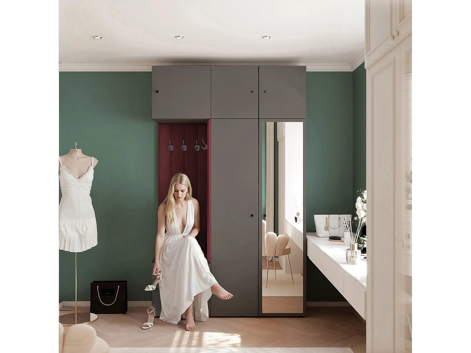 Garderobe Aria V7 Grau Gepolstert Samt Merlot mit Spiegel Kleiderhaken und Regalen