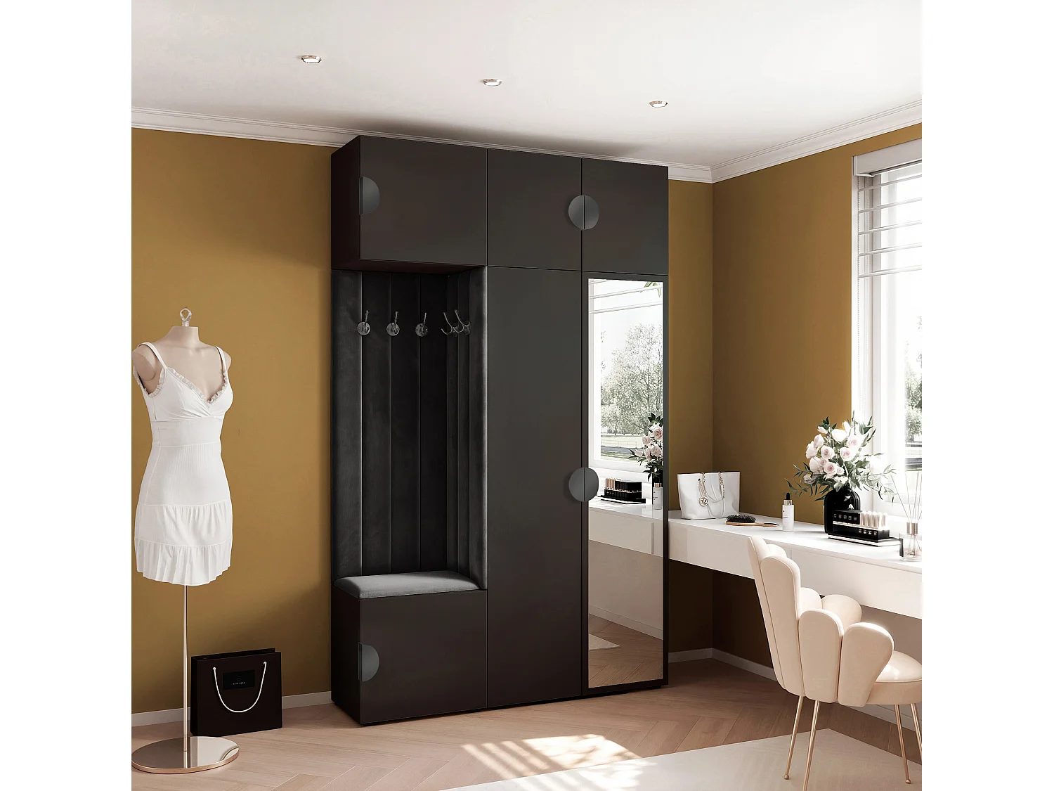 Garderobe Aria V7 Schwarz Gepolstert Samt Schwarz mit Spiegel Kleiderhaken und Regalen