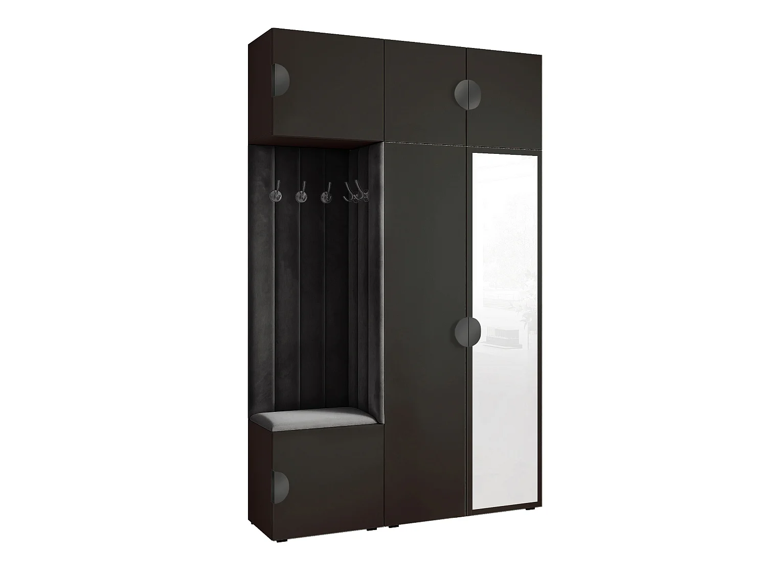 Garderobe Aria V7 Schwarz Gepolstert Samt Schwarz mit Spiegel Kleiderhaken und Regalen