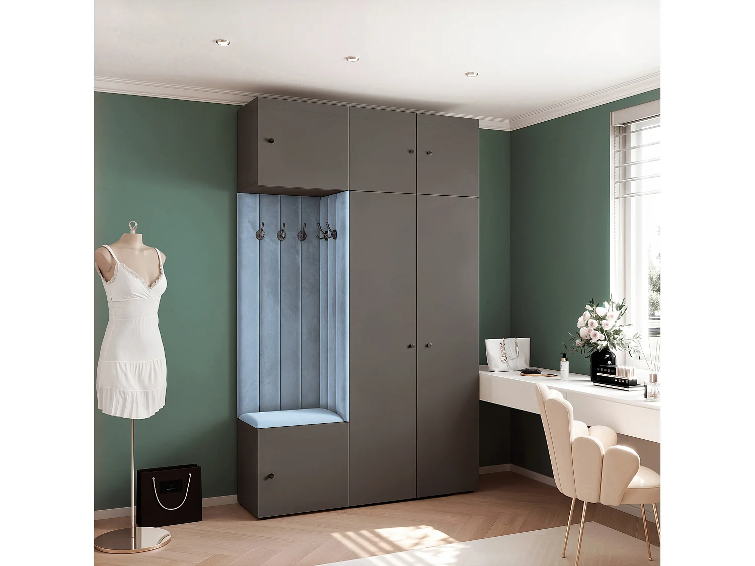 Garderobe Aria V7 Grau Gepolstert Samt Hellblau Kleiderhaken und Regalen