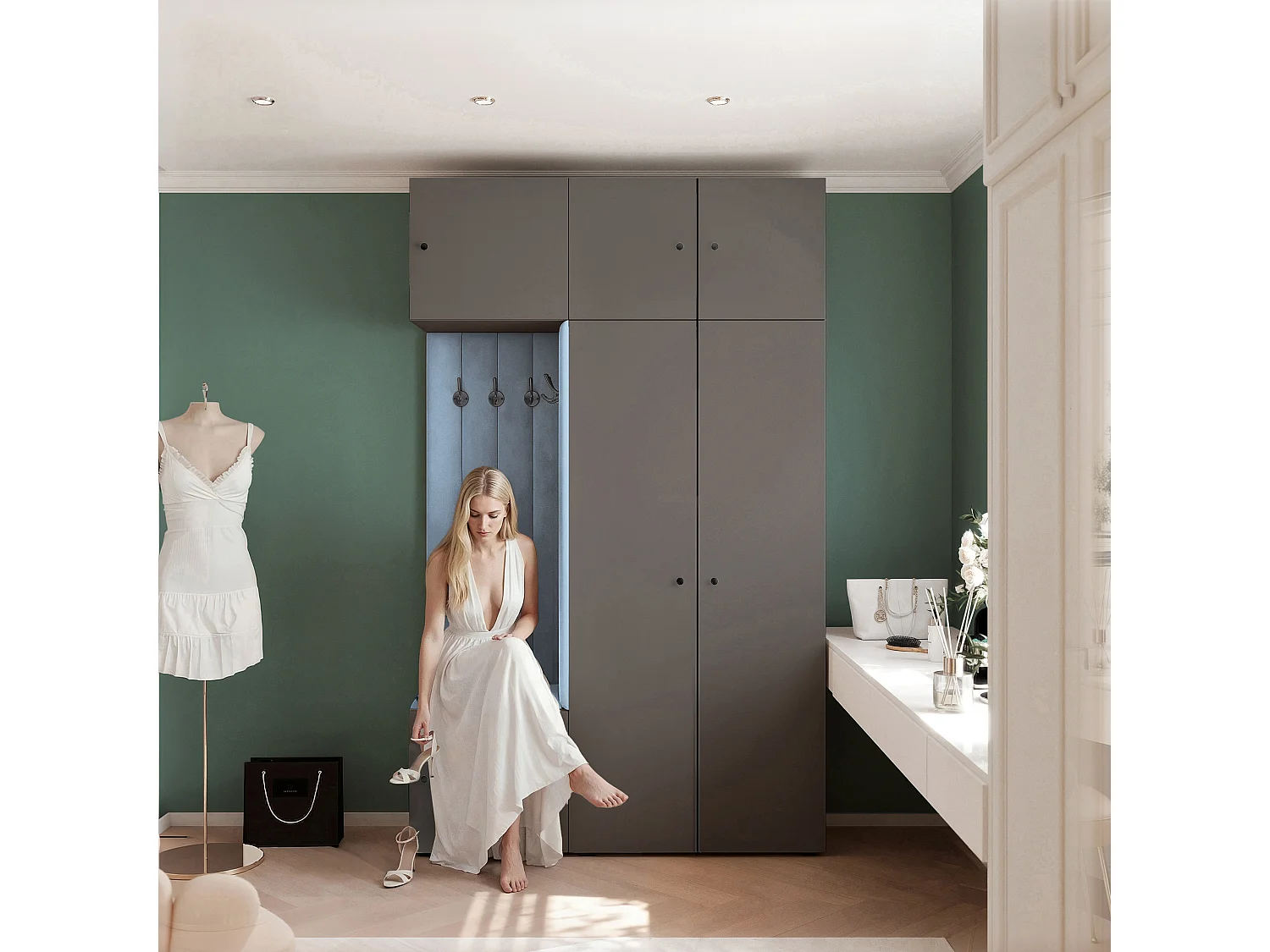 Garderobe Aria V7 Grau Gepolstert Samt Hellblau Kleiderhaken und Regalen