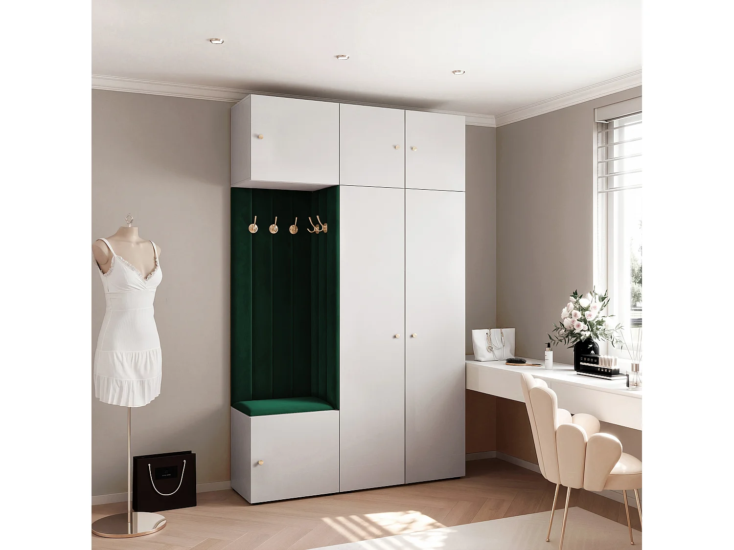 Garderobe Aria V7 Weiß Gepolstert Samt Dunkelgrün Kleiderhaken und Regalen