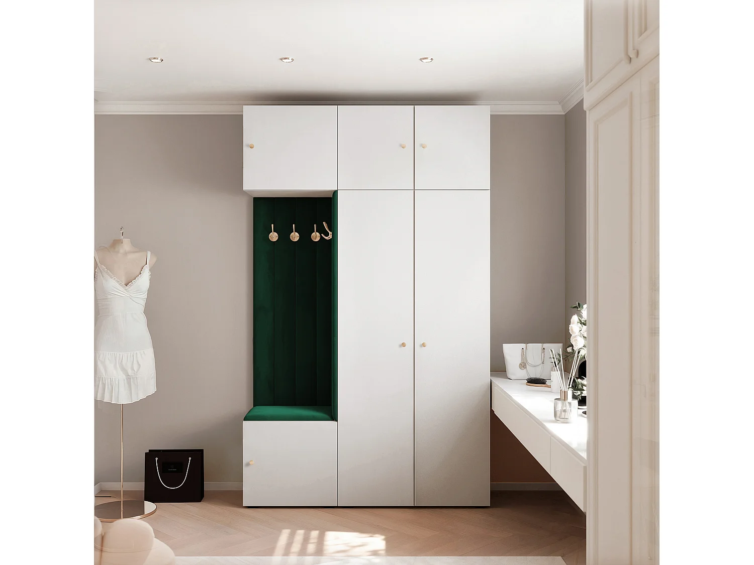Garderobe Aria V7 Weiß Gepolstert Samt Dunkelgrün Kleiderhaken und Regalen