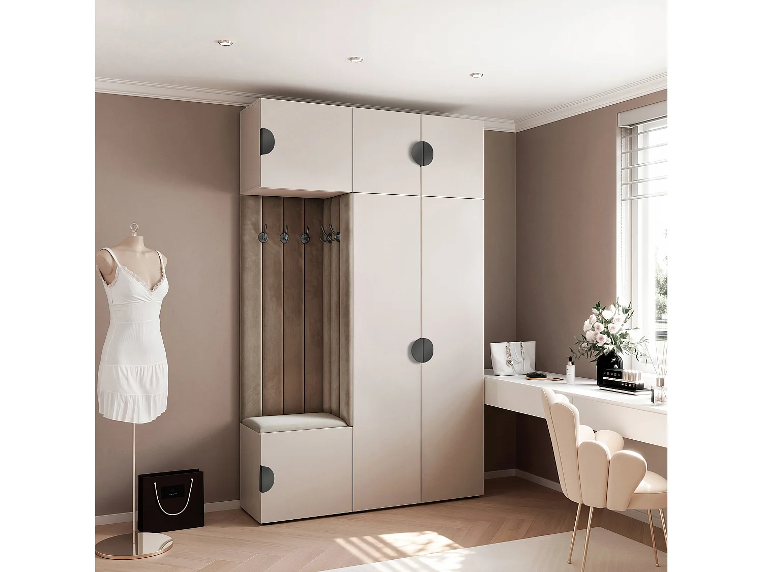 Garderobe Aria V7 Kaschmir Gepolstert Samt Taupe Kleiderhaken und Regalen