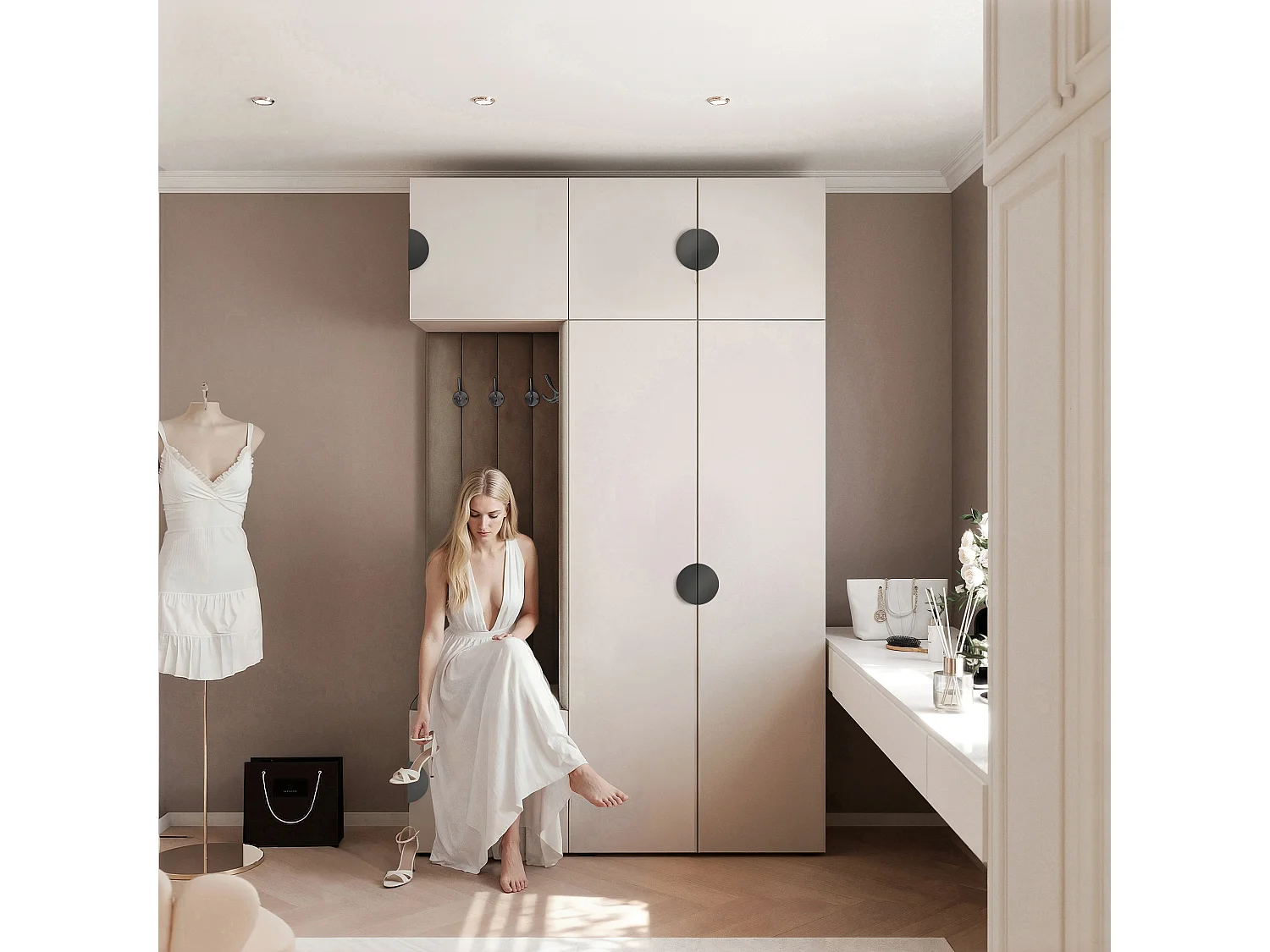 Garderobe Aria V7 Kaschmir Gepolstert Samt Taupe Kleiderhaken und Regalen
