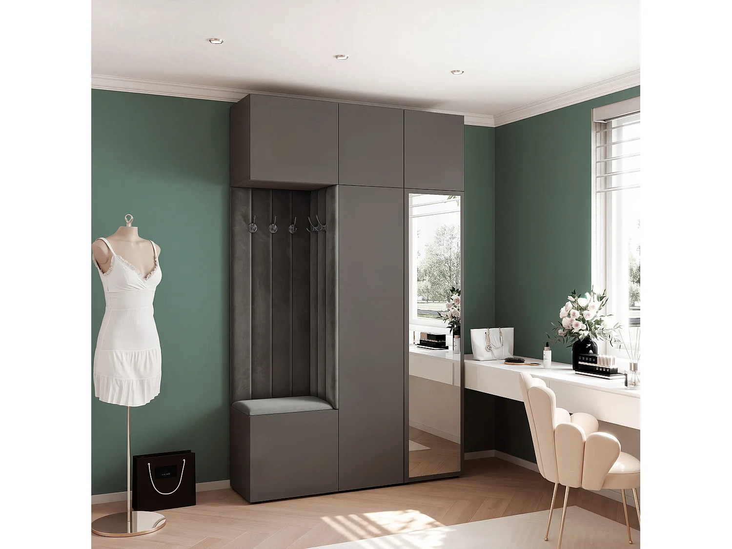 Garderobe Aria V7 Grau Gepolstert  Samt Anthrazit mit Spiegel Kleiderhaken und Regalen