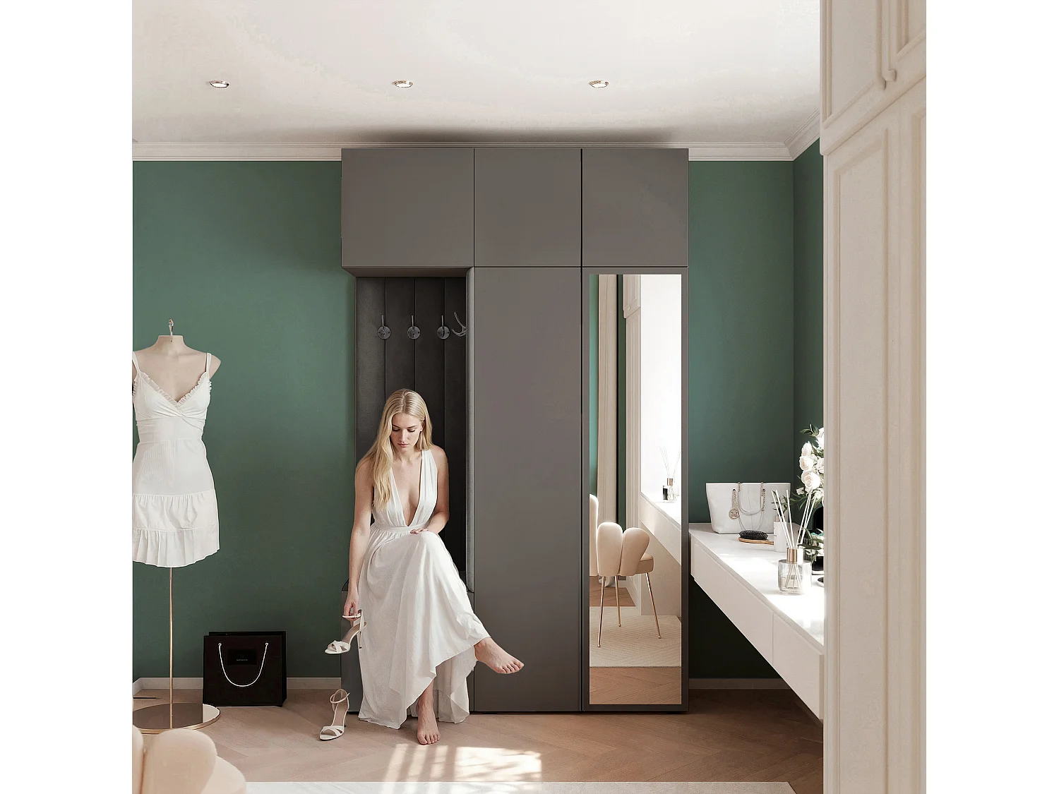 Garderobe Aria V7 Grau Gepolstert  Samt Anthrazit mit Spiegel Kleiderhaken und Regalen