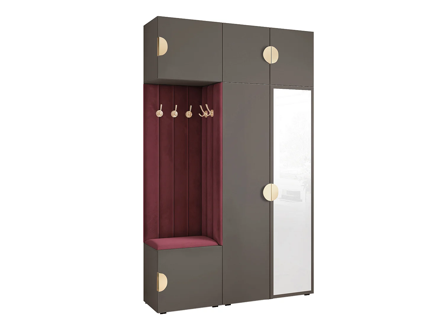 Garderobe Aria V7 Grau Gepolstert Samt Merlot mit Spiegel Kleiderhaken und Regalen